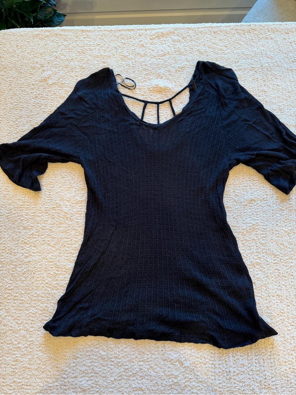 Lucky Brand Black Scoop Neck Short Sleeve Top with Ladder Back